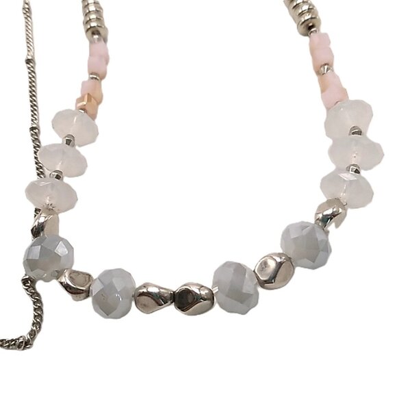 Long Beaded Necklace Pastel Colored Beads Silver-tone Delicate Beaded Chain - Picture 12 of 14